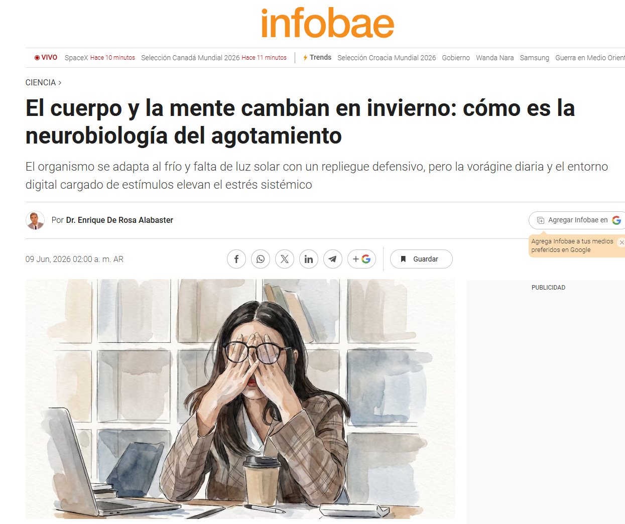 Artículo sobre la neurobiología del agotamiento invernal y estrés sistémico por el Dr. Enrique De Rosa. Mujer estresada frente a su laptop por la vorágine diaria